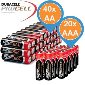 iBood - 60Pack Duracell Procell industriële alkaline batterijen: 40x AA en 20x AAA iBood - 60Pack Duracell Procell industriële alkaline batterijen: 40x AA en 20x AAA