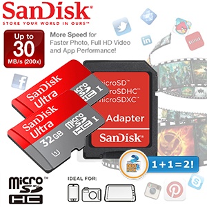 iBood - Duopack Sandisk 32GB Class 10, UHS-I MicroSDHC-kaarten