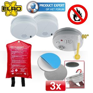 iBood - Elro Brandveiligheidspakket: hitte detector, 2 rookdetectors, 1 brandblusdeken, 3 magneetsets iBood - Elro Brandveiligheidspakket: hitte detector, 2 rookdetectors, 1 brandblusdeken, 3 magneetsets