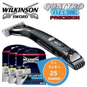 iBood Health & Beauty - Wilkinson Sword Quattro Titanium Precision 3-in-1 scheerapparaat met 25 mesjes iBood Health & Beauty - Wilkinson Sword Quattro Titanium Precision 3-in-1 scheerapparaat met 25 mesjes