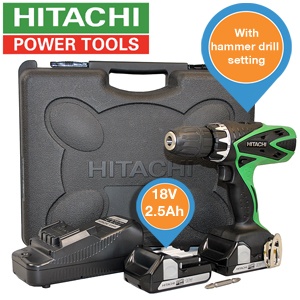 iBood - Hitachi 18V accuboormachine met boorhamerfunctie en 2x 2.5Ah Li-IOn accu's, riemhaak en koffer iBood - Hitachi 18V accuboormachine met boorhamerfunctie en 2x 2.5Ah Li-IOn accu's, riemhaak en koffer