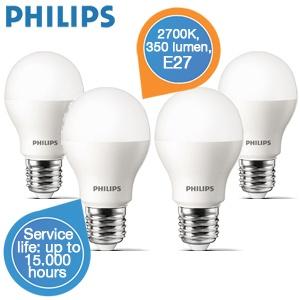 iBood Home & Living - 4-pack Philips LED lampen, 2700k, 350 lumen, E27 voor warm wit en natuurlijk licht!