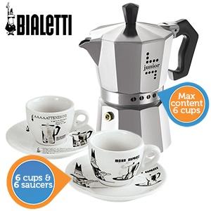 iBood Home & Living - Bialetti Junior Espressoset: Espressomaker voor 6 kopjes met 6 Kop en Schotels! iBood Home & Living - Bialetti Junior Espressoset: Espressomaker voor 6 kopjes met 6 Kop en Schotels!