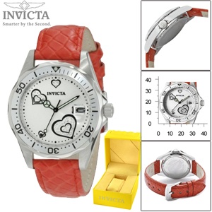 iBood - Invicta Women's 12402 Pro Diver Silver Heart Dial Rood Leren Horloge iBood - Invicta Women's 12402 Pro Diver Silver Heart Dial Rood Leren Horloge