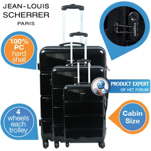 iBood - Jean Louis Scherrer 3-delige hard shell polycarbonaat trolleyset met 4 wielen, nu nog steviger en lichter – Zwart iBood - Jean Louis Scherrer 3-delige hard shell polycarbonaat trolleyset met 4 wielen, nu nog steviger en lichter – Zwart