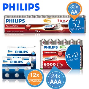 iBood - Philips PowerLife Alkaline batterijenbundel met 24x AAA, 32x AA en 12xCR2032