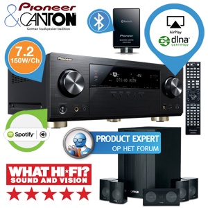 iBood - Pioneer 7.2-kanaals AV-receiver met AirPlay, Spotify Connect, Bluetooth-dongel en Canton Movie 125MX Home Cinema Speakerset iBood - Pioneer 7.2-kanaals AV-receiver met AirPlay, Spotify Connect, Bluetooth-dongel en Canton Movie 125MX Home Cinema Speakerset