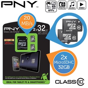 iBood - PNY 2x32 GB Class 10 High speed MicroSDHC-kaart + adapter iBood - PNY 2x32 GB Class 10 High speed MicroSDHC-kaart + adapter