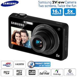 iBood - Samsung Dual-LCD Digitale Camera met 16 megapixels, 5x optische zoom en 3 inch Touchscreen iBood - Samsung Dual-LCD Digitale Camera met 16 megapixels, 5x optische zoom en 3 inch Touchscreen