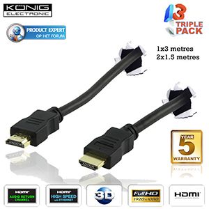 iBood - Set van 3 König HDMI 1.4 High Speed Ethernet cables van 1x 3 meter, 2x 1,5 meter iBood - Set van 3 König HDMI 1.4 High Speed Ethernet cables van 1x 3 meter, 2x 1,5 meter