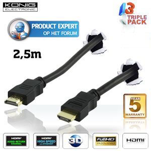 iBood - Set van 3 König HDMI 1.4 High Speed kabels (2,5m) met vergulde connectors en Ethernet, 5 jaar garantie iBood - Set van 3 König HDMI 1.4 High Speed kabels (2,5m) met vergulde connectors en Ethernet, 5 jaar garantie