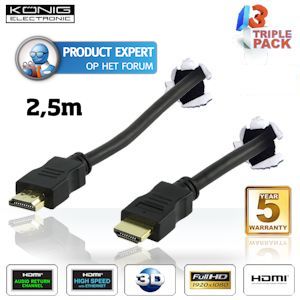 iBood - Set van 3 König HDMI 1.4 High Speed kabels (2,5m) met vergulde connectors en Ethernet, 5 jaar garantie