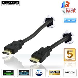 iBood - Set van 3 König HDMI 1.4 High Speed kabels (2m) met vergulde connectors en Ethernet, 5 jaar garantie