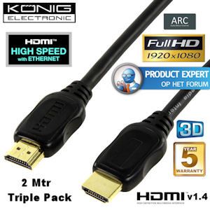iBood - Set van 3 König HDMI 1.4 High Speed kabels met vergulde connectors en Ethernet, 5 jaar garantie iBood - Set van 3 König HDMI 1.4 High Speed kabels met vergulde connectors en Ethernet, 5 jaar garantie