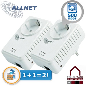 iBood - Startset met twee ALLNET ALL168255 / 500Mbit MINI HomePlug AV PowerLine-adapters met geïntegreerd Passthrough stopcontact