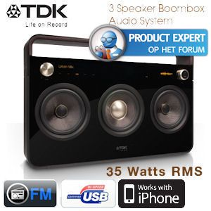 iBood - TDK High-End 3-Speaker Boombox Audio Systeem met 35 Watts RMS en auxiliary input voor instrumenten iBood - TDK High-End 3-Speaker Boombox Audio Systeem met 35 Watts RMS en auxiliary input voor instrumenten