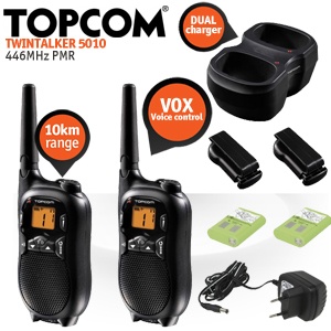 iBood - Topcom Twintalker 5010 met 10 Km bereik, 8 kanalen, 38 subkanalen, VOX functie en tafellader