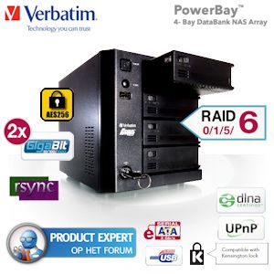iBood - Verbatim PowerBay DataBank 4 Bay NAS met 2x Gigabit en RAID 0/1/5/6! iBood - Verbatim PowerBay DataBank 4 Bay NAS met 2x Gigabit en RAID 0/1/5/6!