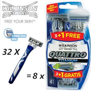 iBood - Wilkinson Sword Quattro Titanium Scheersysteem 32-Pack iBood - Wilkinson Sword Quattro Titanium Scheersysteem 32-Pack
