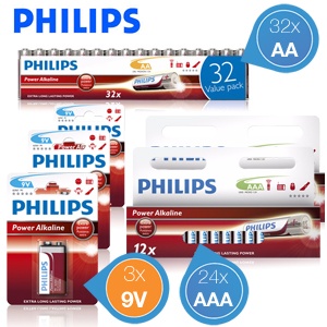 iBood - Zestaw baterii alkaicznych Philips: 24 x AAA, 32 x AA i 3 x 9V