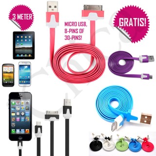 iChica - Platte 3 Meter USB Laadkabel iChica - Platte 3 Meter USB Laadkabel