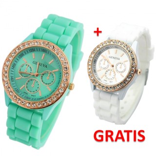 iChica - Trendy mintgroen horloge plus gratis wit exemplaar