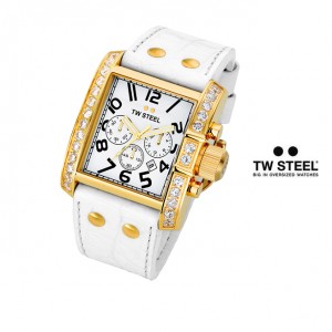 iChica - TW Steel Goliath 110, exclusief horloge met PVD Gold coating, 26 zirkonia's en witte leren crocoband (50% korting)