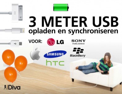 IDiva - 3 Meter Kabel + Gratis Oranje Ballonnen IDiva - 3 Meter Kabel + Gratis Oranje Ballonnen