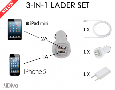IDiva - 3-in-1 Lader Set iPhone 5 en iPad Mini IDiva - 3-in-1 Lader Set iPhone 5 en iPad Mini