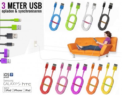 IDiva - Gekleurde 3 Meter Usb Kabel IDiva - Gekleurde 3 Meter Usb Kabel