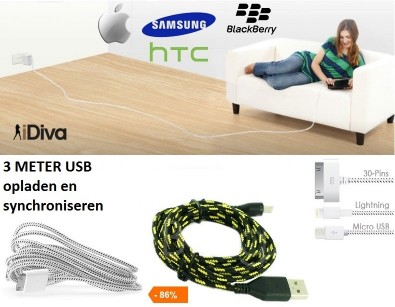 IDiva - Stoffen 3 Meter Usb Kabel IDiva - Stoffen 3 Meter Usb Kabel