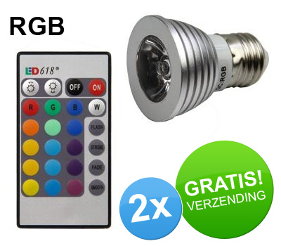 Koopjessite - 2 x Kleuren LED spot met afstandbediening (RGB - E27, 3W)