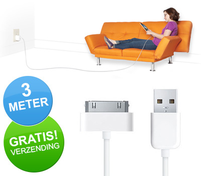 Koopjessite - 3 meter actie: Extra lange iPhone/iPad USB kabel (of Micro USB)