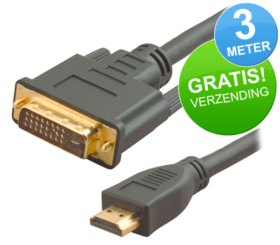Koopjessite - DVI-D naar HDMI kabel Gold Plated (3 meter, HDMI 1.3)