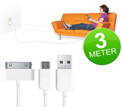 Koopjessite - Extra lange micro USB en iPhone (30-pins) kabels (3 meter) Koopjessite - Extra lange micro USB en iPhone (30-pins) kabels (3 meter)