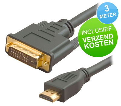 Koopjessite - HDMI naar DVI-D kabel Gold Plated (3 meter, HDMI 1.3)