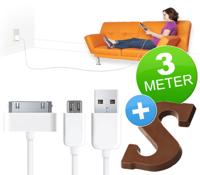 Koopjessite - Sinterklaas 5-daagse: Extra lange micro USB en iPhone (30-pins) kabels (3 meter)