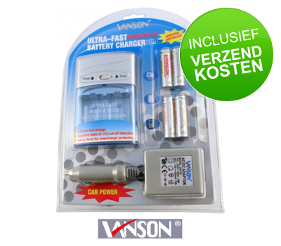 Koopjessite - Vanson Batterijlader V-1000 + 4 AA Batterijen Koopjessite - Vanson Batterijlader V-1000 + 4 AA Batterijen