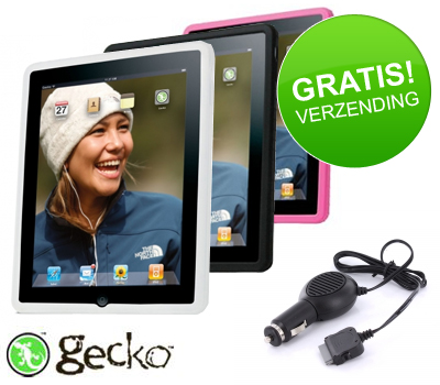 Koopjessite - Voor Apple iPad: Gecko silicon case + anti-glare screen protector + autolader - drie kleuren