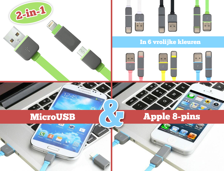 Lifestyle Deal - Handige 2-In-1 Kabel Voor Microusb En Apple 8-Pins In 5 Kleuren Lifestyle Deal - Handige 2-In-1 Kabel Voor Microusb En Apple 8-Pins In 5 Kleuren