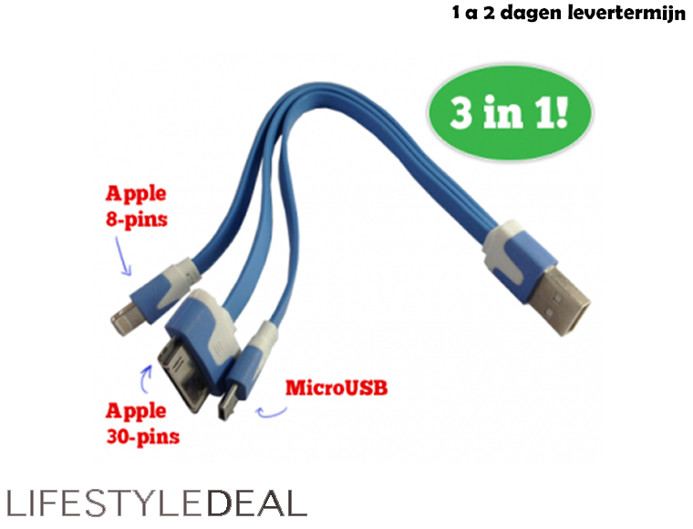 Lifestyle Deal - Homeij Uitverkocht ! Nu: Handige 3-In-1 Usb - Kabel Voor Apple 8-Pins, Apple 30-Pins En Microusb