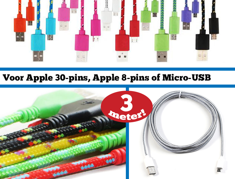 Lifestyle Deal - Ijzersterke 3 Meter Usb-Oplaad-/Datakabel Van Geweven Nylon In 10 Kleuren Lifestyle Deal - Ijzersterke 3 Meter Usb-Oplaad-/Datakabel Van Geweven Nylon In 10 Kleuren