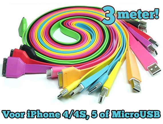 Lifestyle Deal - Kleurrijke 3 Meter Flat Kabels Voor Iphone 4/4S Of 5 Of Micro-usb Lifestyle Deal - Kleurrijke 3 Meter Flat Kabels Voor Iphone 4/4S Of 5 Of Micro-usb