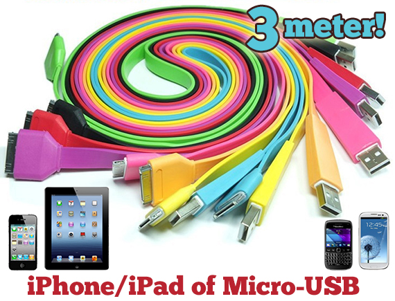Lifestyle Deal - Kleurrijke 3 Meter Flat Kabels Voor Iphone/ipad Of Micro-usb