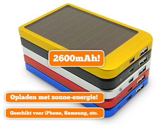 Lifestyle Deal - Solar Charger: Externe Noodbatterij Met Zonnecel In 5 Kleuren Lifestyle Deal - Solar Charger: Externe Noodbatterij Met Zonnecel In 5 Kleuren