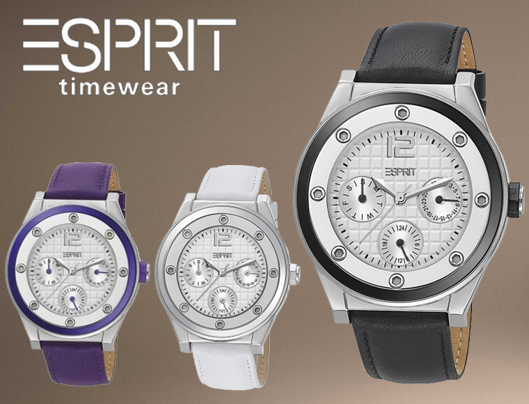 Lifestyle Deal - Stijlvol Esprit Chronograaf-horloge Met Lederen Band In Zwart, Wit Of Paars Lifestyle Deal - Stijlvol Esprit Chronograaf-horloge Met Lederen Band In Zwart, Wit Of Paars
