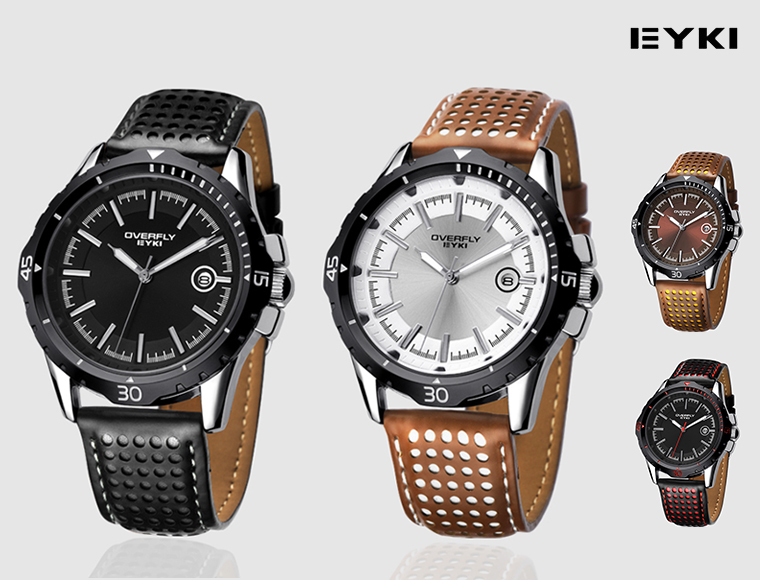 Lifestyle Deal - Stijlvol Eyki Overfly Horloge Met Lederen Band En Datumweergave In 4 Kleuren Lifestyle Deal - Stijlvol Eyki Overfly Horloge Met Lederen Band En Datumweergave In 4 Kleuren