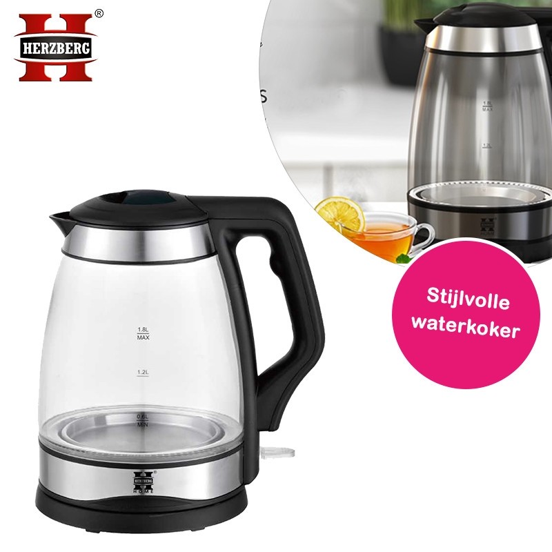 One Day For Ladies - Herzberg glazen waterkoker 1.8 L One Day For Ladies - Herzberg glazen waterkoker 1.8 L