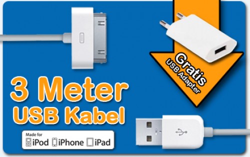 Super Dagdeal - 3 meter lange usb kabel met gratis USB adapter! Super Dagdeal - 3 meter lange usb kabel met gratis USB adapter!