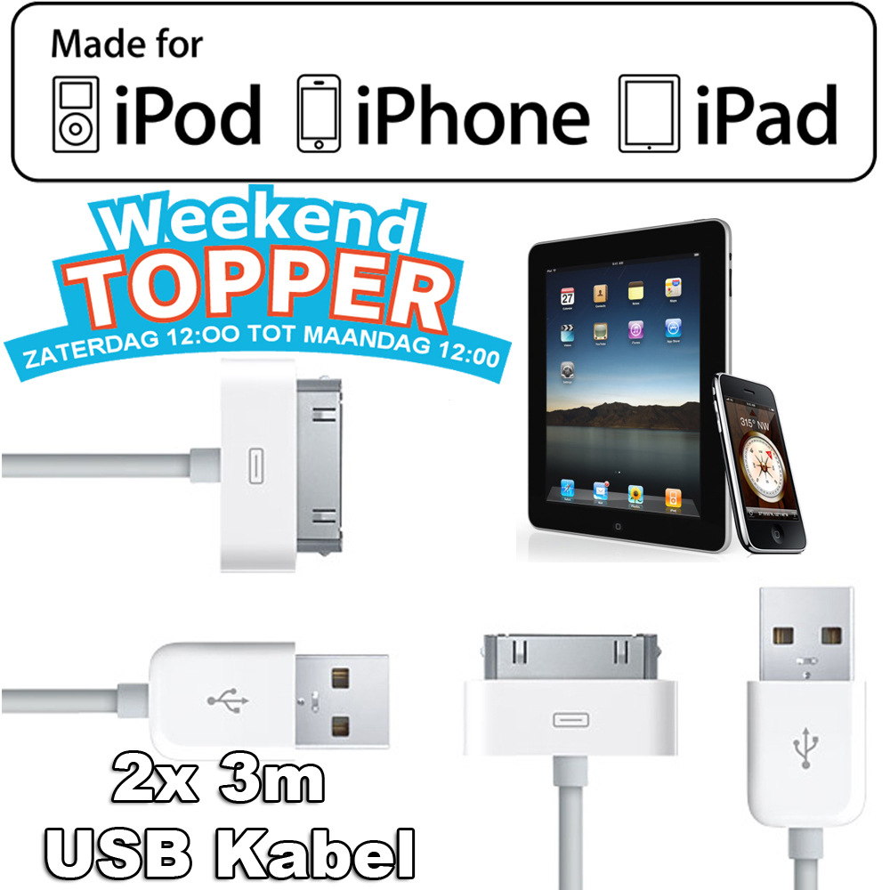Today's Best Deal - 2x USB Kabel voor iPhone/iPod/iPad (3m)